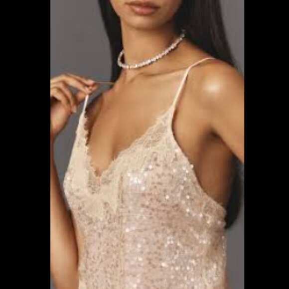 Brand New En Elly Sleeveless V-Neck Lace Sequin Slip Midi Dress - Picture 3 of 14